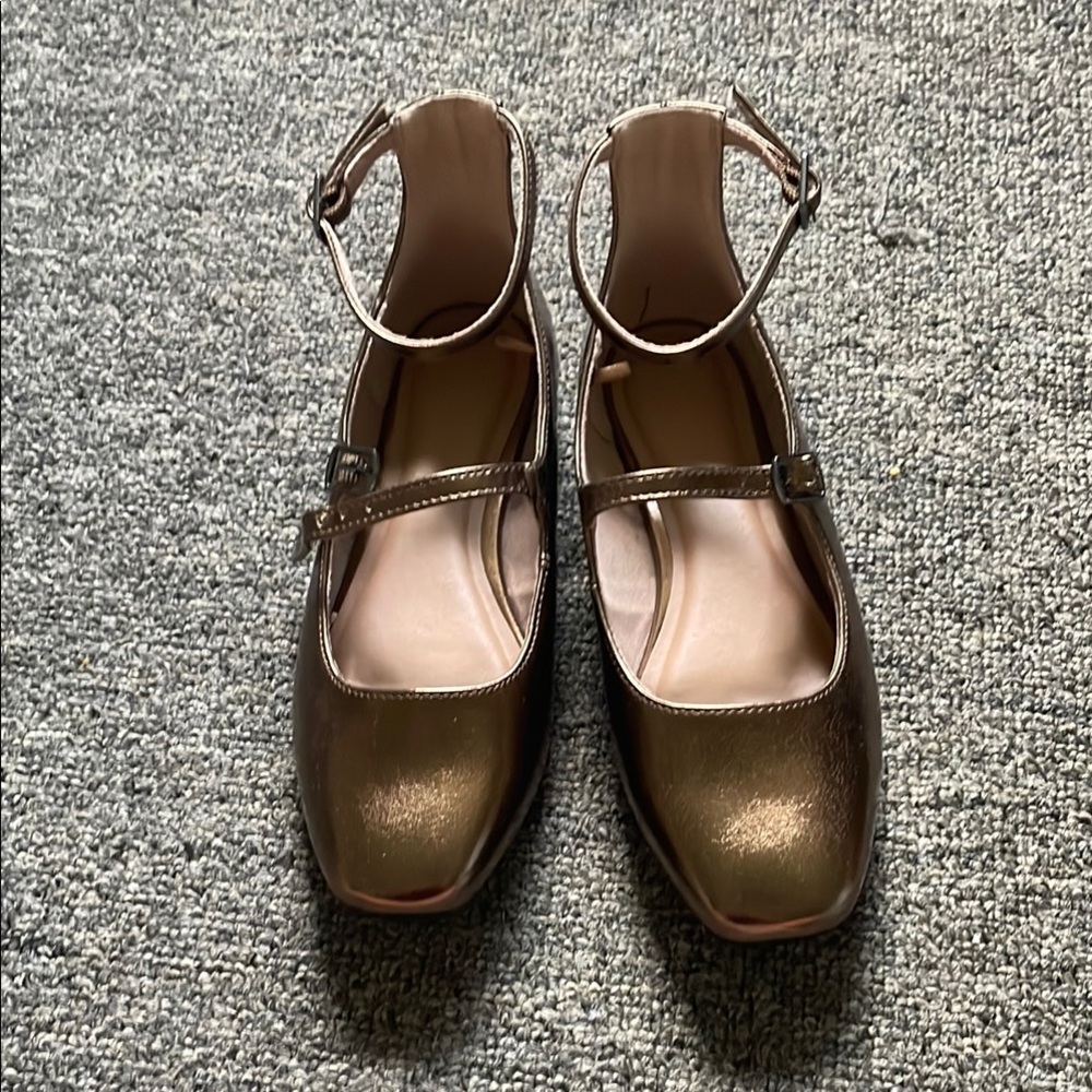 Brown Leather Flats with Square Toe and Ankle Straps